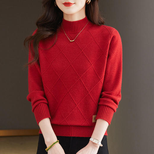 CC-66-5879半高领毛衣女款2024新款冬季时尚菱形针织上衣内搭宽松厚款打底衫 商品图1