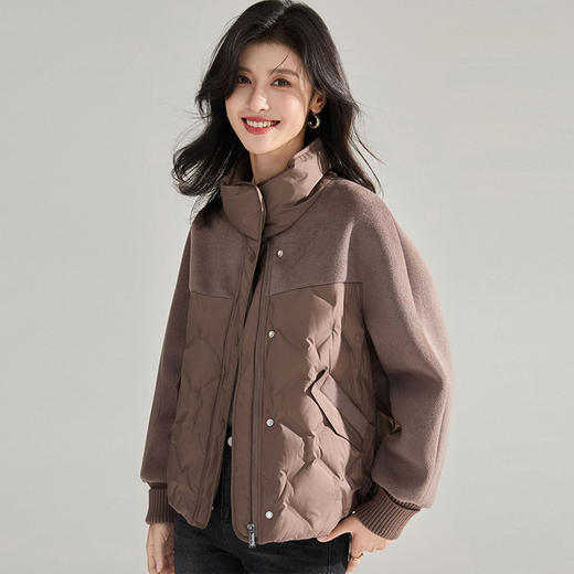 【高货sh】全新升级【铂金会员514/天猫699/差价185】(12707) 洛诗琳冬季新款设计感文艺风立领毛呢拼接小个子羽绒服 商品图3