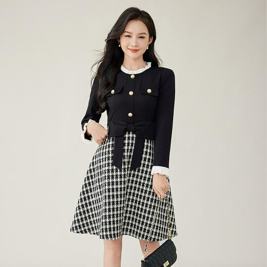 奢姿2024年秋冬新款大码女装甜美减龄裙子胖妹妹拼接格纹连衣裙9944855178 商品图1