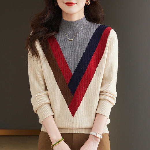 CC-66-5868打底衫女2024新款秋冬时尚洋气撞色半高领女士毛衣短款内搭可外穿 商品图3
