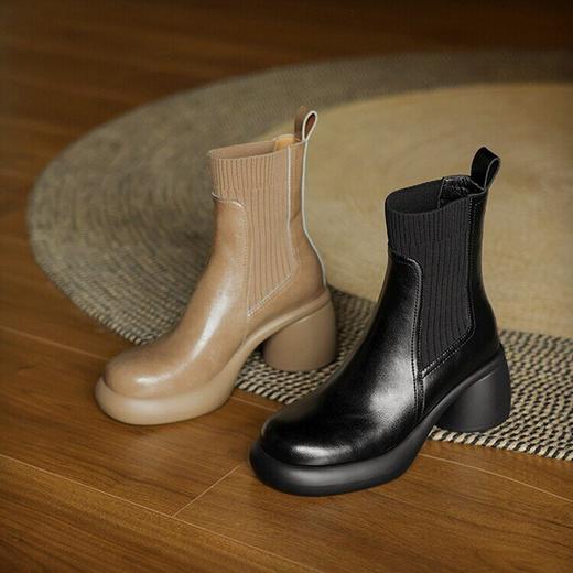 牛皮拼接毛线口高跟短靴女秋冬新款粗跟厚底休闲马丁靴百搭弹力靴DTN&X312-11 商品图2