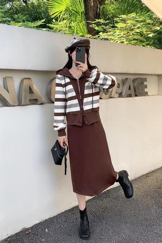 HAYES 棕色条纹休闲连衣裙假两件 19123 商品图3