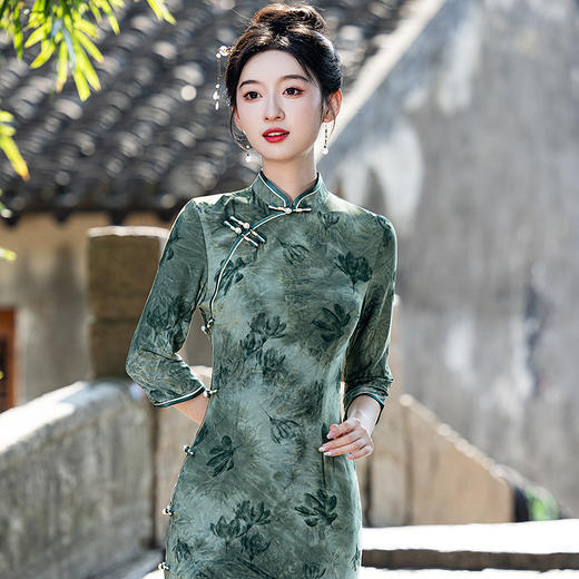 牛奶丝植绒扎染，高级感复古长款七分袖旗袍MLS7002 商品图1