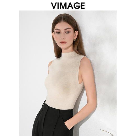 VIMAGE纬漫纪气质小立领无袖修身百搭纯色针织背心秋季新款VC2401308 商品图4