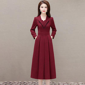 红色长袖连衣裙秋款时尚气质妈妈装百褶裙 QYM-LRX-1714C127-Y