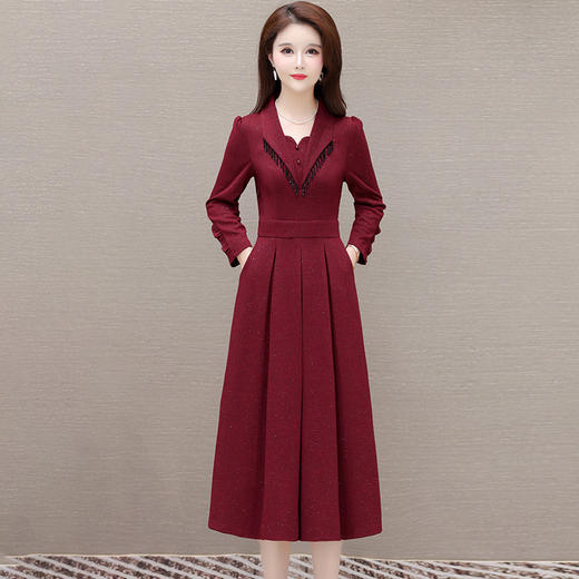 红色长袖连衣裙秋款时尚气质妈妈装百褶裙 QYM-LRX-1714C127-Y 商品图0