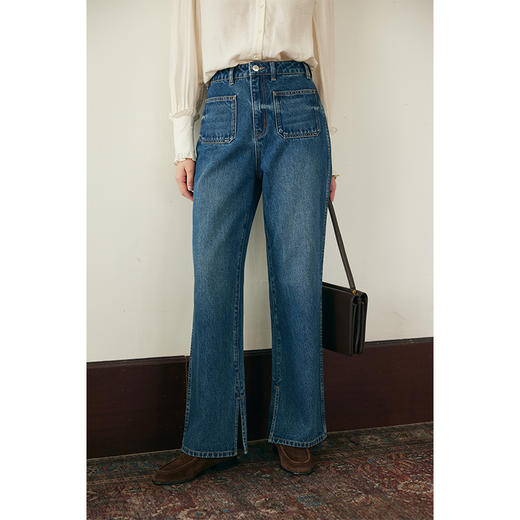 （小眠专属）HeyDress复古双口袋牛仔裤女秋冬宽松高腰阔腿微喇裤深蓝色裤子 商品图0