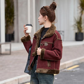 HR YWY8980时尚高级感皮毛一体加厚麂皮绒棉服羊羔毛外套