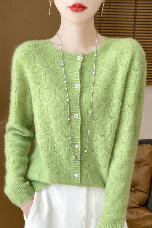 TZW-100纯羊毛开衫2024新款女装针织开衫圆领镂空外套外搭 商品图5