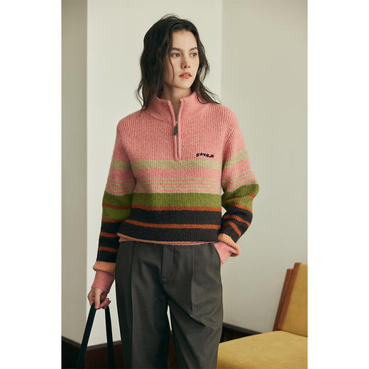 HeyDress半高领条纹毛衣女秋冬复古慵懒加厚宽松灰色渐变针织上衣 商品图3