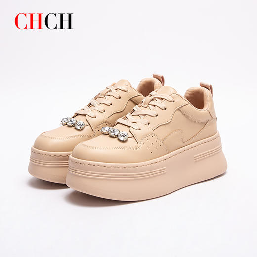 2024秋冬新品真牛皮增高复古单鞋厚底松糕水钻小白鞋女鞋CO2B5121 商品图4