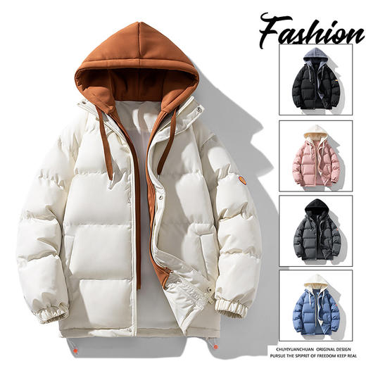 【羽绒棉外套】男女情侣装 冬季潮牌夹棉假两件连帽棉袄 休闲加厚棉服 商品图0