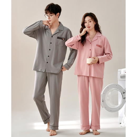 自然醒星河情侣睡衣春秋季针织棉长袖男女士宽松大码开衫纯色家居服两件套QH 商品图7