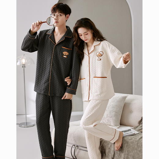 【下架】自然醒简爱情侣睡衣女秋冬款甜美卡通保暖空气棉夹层加厚男可外穿家居服套装QH 商品图8