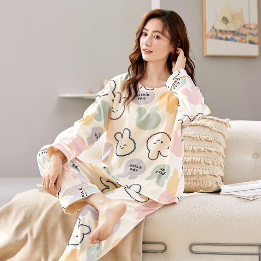自然醒花辰针织棉睡衣女春秋季长袖休闲宽松大码秋冬可外穿家居服套装QH 商品图3