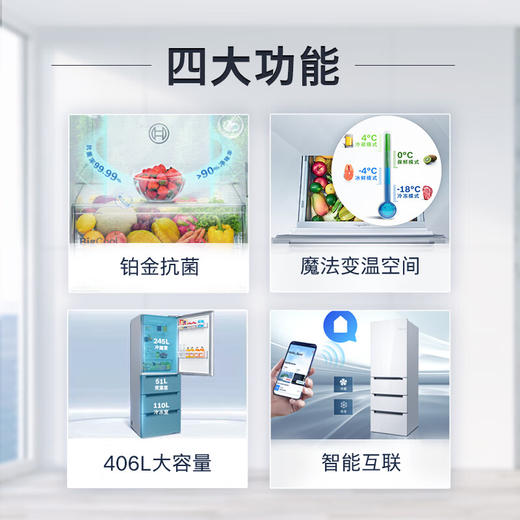 博世（BOSCH）M6四开门冰箱 超薄嵌入式多门冰箱 406L大容量 铂金抗菌魔术变温空间风冷无霜家用小型电冰箱 KGF42VA20C 商品图1