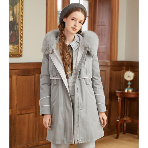 Famecoco范可儿风衣式羽绒服薄款女式派克中长款外套F228AJ003 商品图0