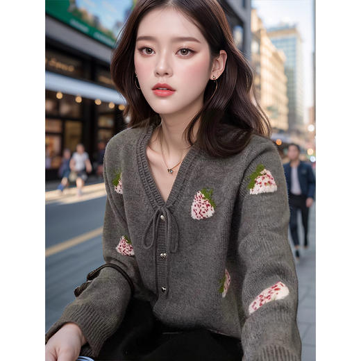 奢姿2024年秋冬新款大码女装减龄V领上衣胖妹妹系绳蝴蝶结针织衫9844353680 商品图1