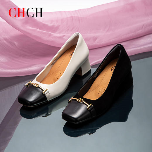 2024秋冬新品商场同款一脚蹬浅口通勤舒适羊皮方跟不累脚女单鞋CHCH平衡鞋CO2B5081 商品图5