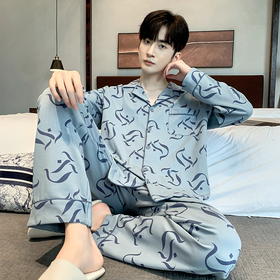 自然醒漫步男士睡衣春秋季针织棉翻领长袖开衫休闲加大码青少年家居服套装QH