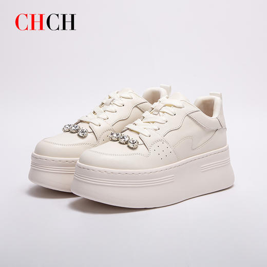 2024秋冬新品真牛皮增高复古单鞋厚底松糕水钻小白鞋女鞋CO2B5121 商品图0