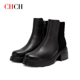 CHCH加绒短靴2024秋冬新品侧拉链粗跟时尚女靴牛皮女靴CO2B6121