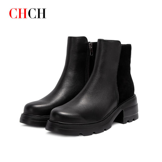 CHCH加绒短靴2024秋冬新品侧拉链粗跟时尚女靴牛皮女靴CO2B6121 商品图0