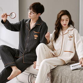 【下架】自然醒简爱情侣睡衣女秋冬款甜美卡通保暖空气棉夹层加厚男可外穿家居服套装QH