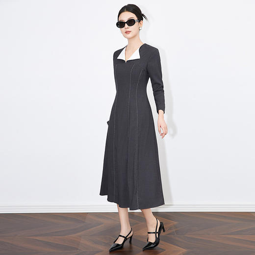 【高货wl】全新升级【铂金会员358/天猫479/差价121】(05421) 洛诗琳小众镂空线法式优雅名媛翻领大摆裙设计感连衣裙 商品图1