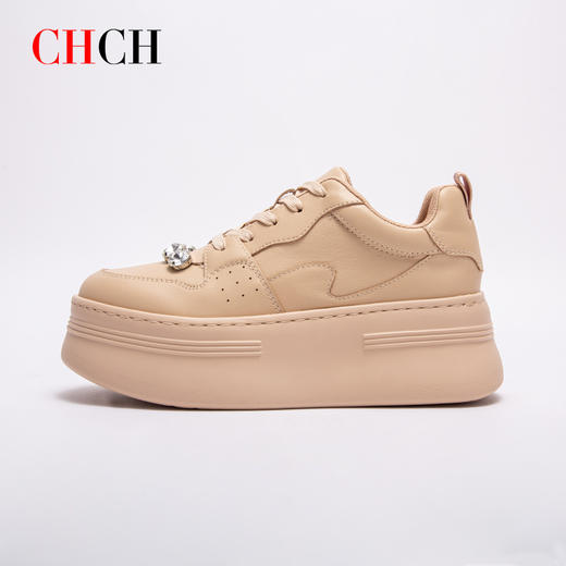 2024秋冬新品真牛皮增高复古单鞋厚底松糕水钻小白鞋女鞋CO2B5121 商品图3