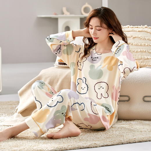 自然醒花辰针织棉睡衣女春秋季长袖休闲宽松大码秋冬可外穿家居服套装QH 商品图1