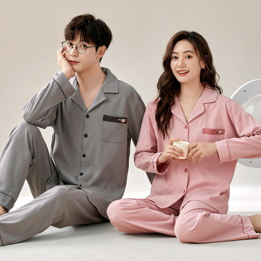 自然醒星河情侣睡衣春秋季针织棉长袖男女士宽松大码开衫纯色家居服两件套QH 商品图2
