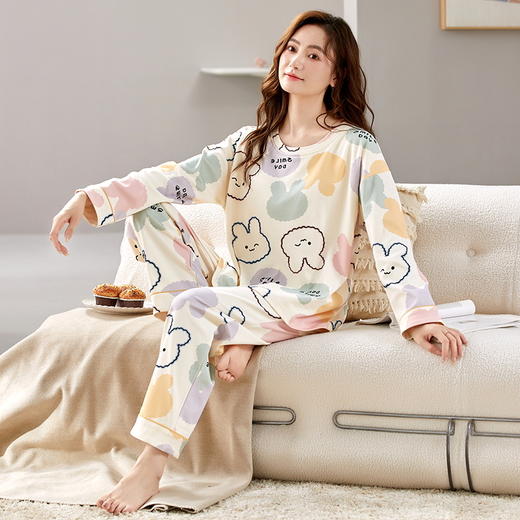 自然醒花辰针织棉睡衣女春秋季长袖休闲宽松大码秋冬可外穿家居服套装QH 商品图4