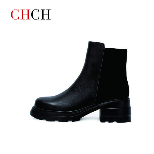 CHCH加绒短靴2024秋冬新品侧拉链粗跟时尚女靴牛皮女靴CO2B6121 商品图2
