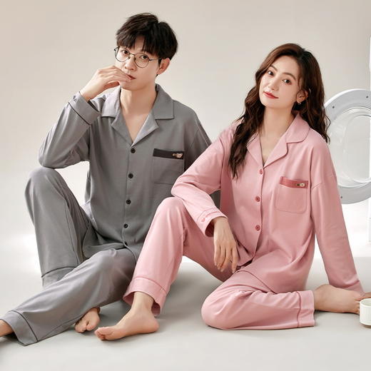 自然醒星河情侣睡衣春秋季针织棉长袖男女士宽松大码开衫纯色家居服两件套QH 商品图3
