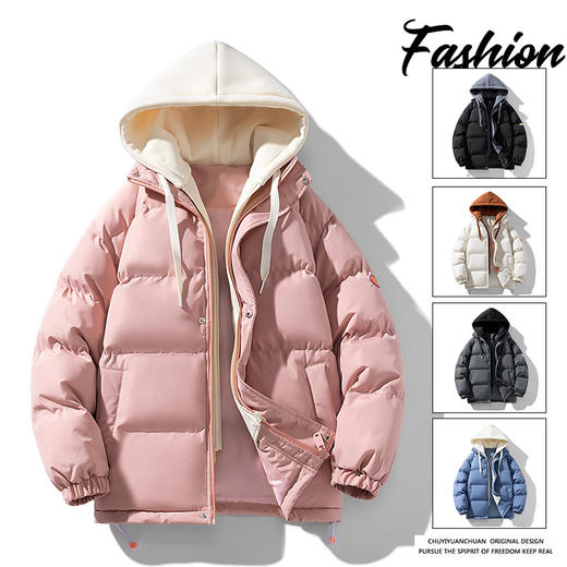 【羽绒棉外套】男女情侣装 冬季潮牌夹棉假两件连帽棉袄 休闲加厚棉服 商品图7