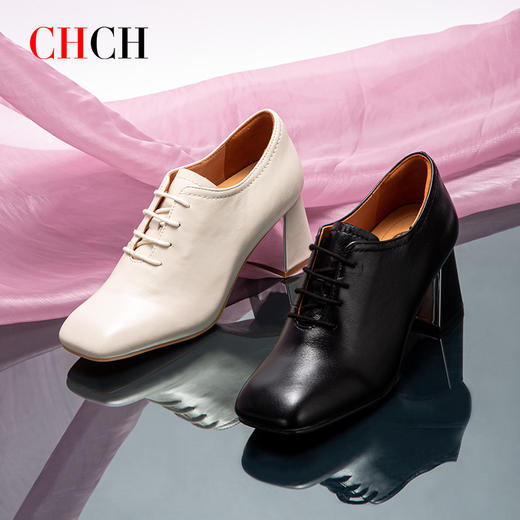 CHCH平衡鞋粗跟单鞋2024秋冬新品小皮鞋上班通勤深口羊皮单鞋CO2B5021 商品图1