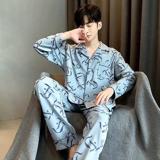自然醒漫步男士睡衣春秋季针织棉翻领长袖开衫休闲加大码青少年家居服套装QH 商品图7