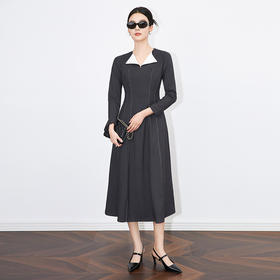 【高货wl】全新升级【铂金会员358/天猫479/差价121】(05421) 洛诗琳小众镂空线法式优雅名媛翻领大摆裙设计感连衣裙