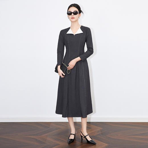 【高货wl】全新升级【铂金会员358/天猫479/差价121】(05421) 洛诗琳小众镂空线法式优雅名媛翻领大摆裙设计感连衣裙 商品图0