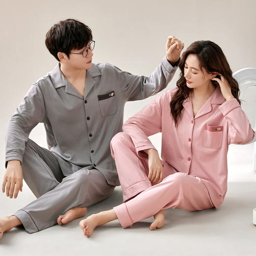 自然醒星河情侣睡衣春秋季针织棉长袖男女士宽松大码开衫纯色家居服两件套QH 商品图6