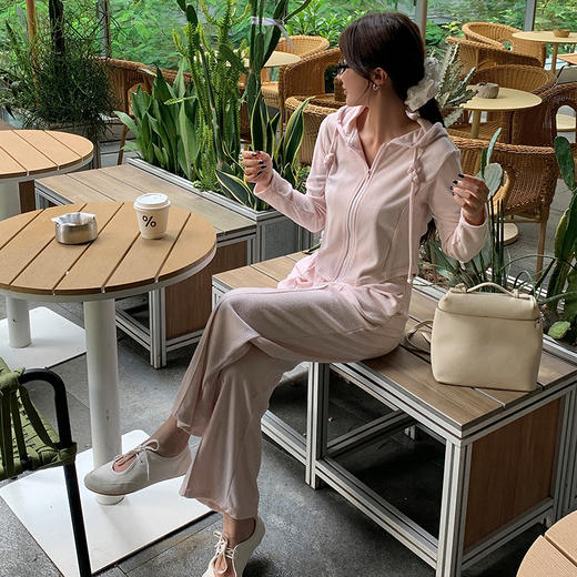 【顺丰包邮】99457 洛诗琳设计感毛巾料连帽拉链家居服两件套232005 商品图0