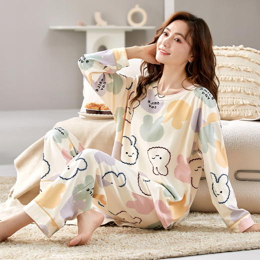 自然醒花辰针织棉睡衣女春秋季长袖休闲宽松大码秋冬可外穿家居服套装QH 商品图0