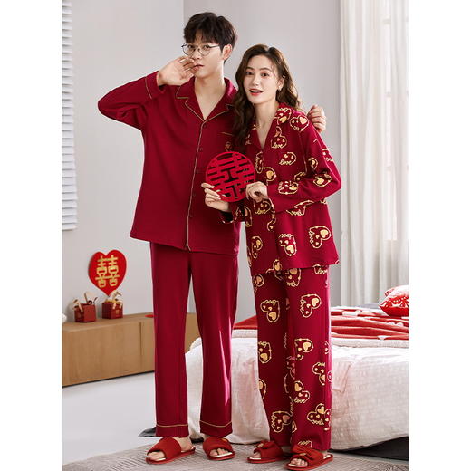 自然醒永恒针织棉结婚情侣睡衣新婚春秋季婚用红色本命年男女士家居服套装QH 商品图7