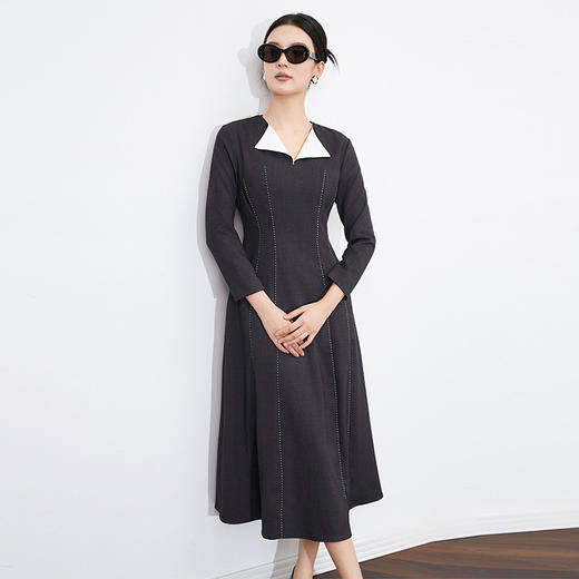 【高货wl】全新升级【铂金会员358/天猫479/差价121】(05421) 洛诗琳小众镂空线法式优雅名媛翻领大摆裙设计感连衣裙 商品图3