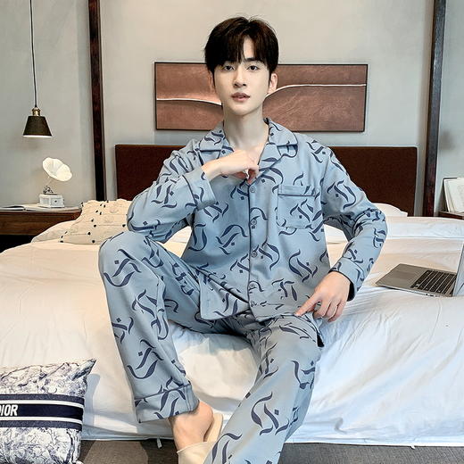 自然醒漫步男士睡衣春秋季针织棉翻领长袖开衫休闲加大码青少年家居服套装QH 商品图4