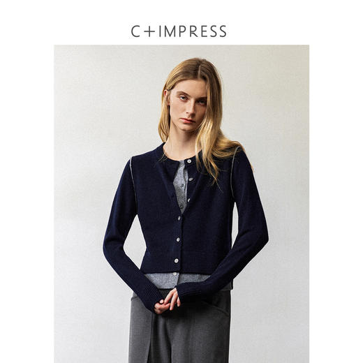 知识分子MIU风撞色圆领假两件绵羊毛羊毛开衫2024冬新MY2404035 商品图3