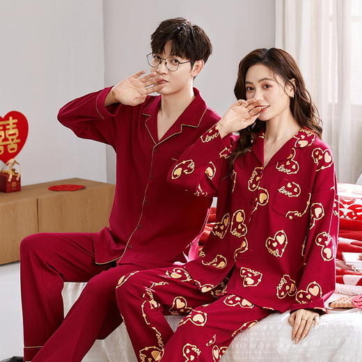 自然醒永恒针织棉结婚情侣睡衣新婚春秋季婚用红色本命年男女士家居服套装QH 商品图5