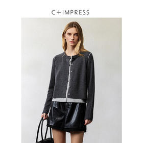 知识分子MIU风撞色圆领假两件绵羊毛羊毛开衫2024冬新MY2404035