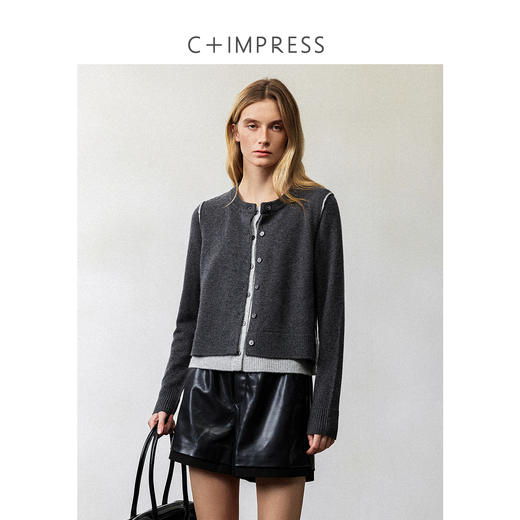 知识分子MIU风撞色圆领假两件绵羊毛羊毛开衫2024冬新MY2404035 商品图0